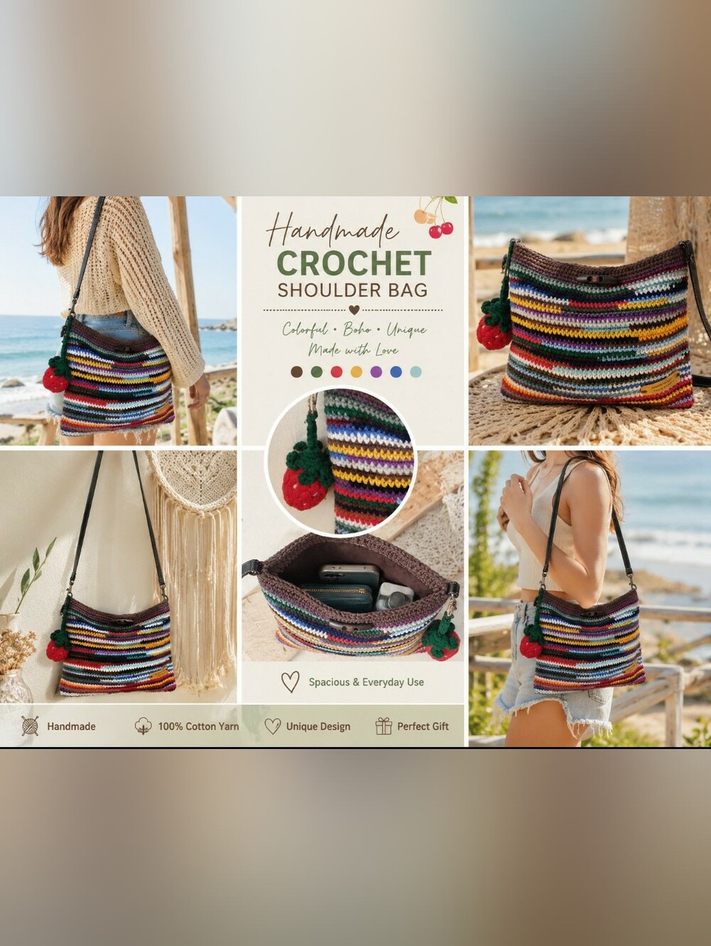 Handmade Crochet Striped Shoulder Bag  With Strawberry Charm